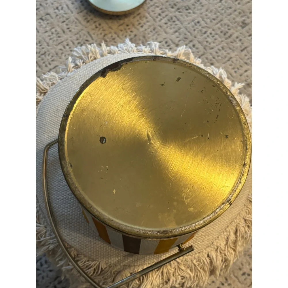 Vintage Mid Century Modern Striped Ice Bucket Retro 70s Brass Barware Yell/Brown